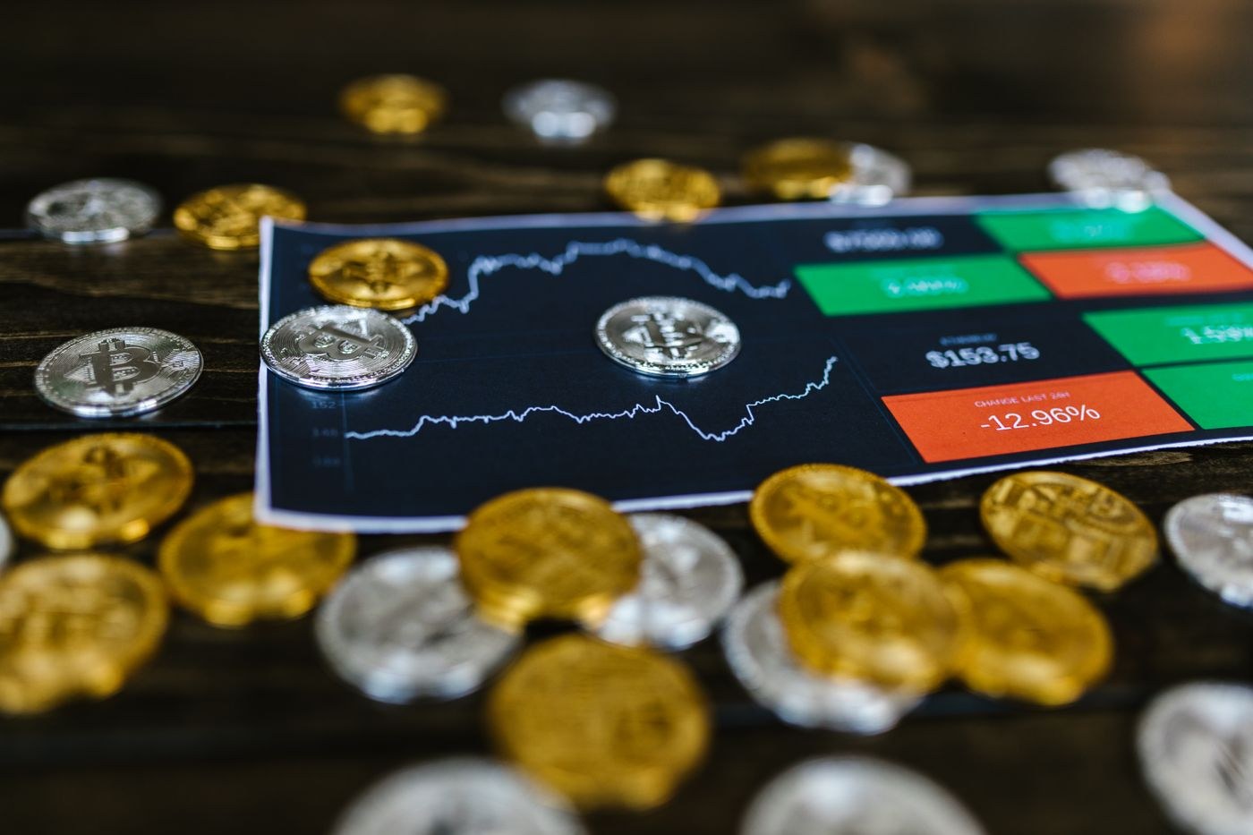SimianX AI Mga Bitcoin at altcoin na nakakalat sa ibabaw ng nakalimbag na crypto price chart SimianX AI Mga Bitcoin at altcoin na nakakalat sa ibabaw ng nakalimbag na crypto price chart
