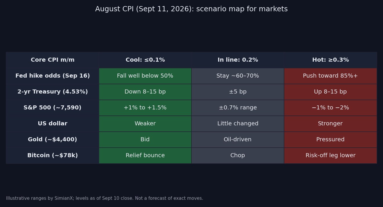 SimianX AI Scenario table for the August 2026 CPI showing cool, in-line and hot core outcomes for Fed odds, the 2-year yield, S&P 500, dollar, gold and bitcoin SimianX AI Scenario table for the August 2026 CPI showing cool, in-line and hot core outcomes for Fed odds, the 2-year yield, S&P 500, dollar, gold and bitcoin