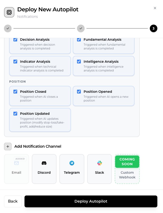 SimianX AI SimianX 오토파일럿 알림 단계 — 네 개의 분석 이벤트와 세 개의 포지션 이벤트를 Email, Discord, Telegram, Slack, Custom Webhook 채널과 함께 선택 SimianX AI SimianX 오토파일럿 알림 단계 — 네 개의 분석 이벤트와 세 개의 포지션 이벤트를 Email, Discord, Telegram, Slack, Custom Webhook 채널과 함께 선택