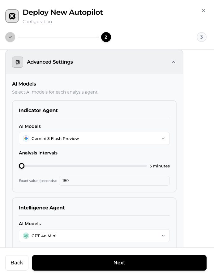 SimianX AI SimianX 오토파일럿 고급 설정 패널 — 네 개의 에이전트(Indicator, Intelligence, Fundamental, Decision) 각각에 AI 모델과 분석 간격을 선택 SimianX AI SimianX 오토파일럿 고급 설정 패널 — 네 개의 에이전트(Indicator, Intelligence, Fundamental, Decision) 각각에 AI 모델과 분석 간격을 선택