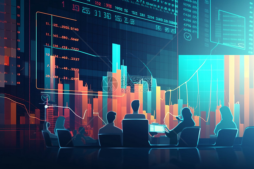 SimianX AI  People review stock data (charts, figures) on a screen in a financial session.