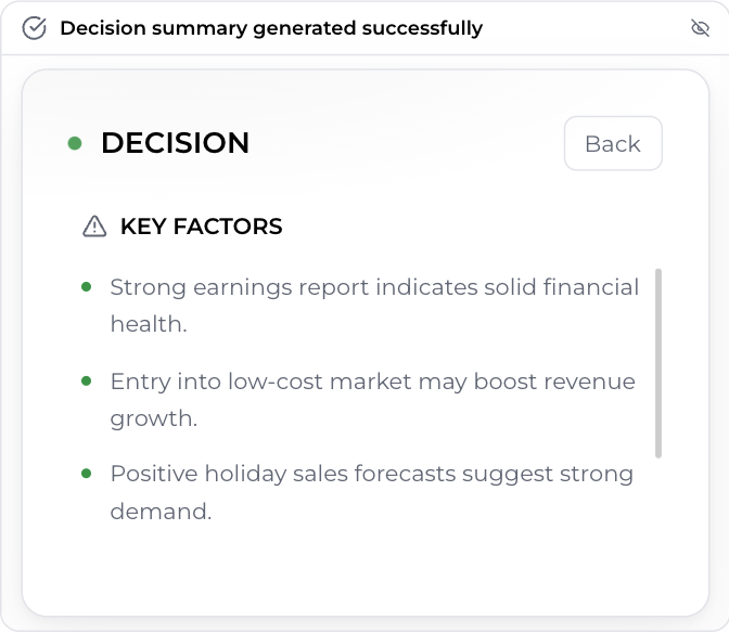 SimianX AI Decision Card Key Facts(by clicking the KF button you can see the key facts)